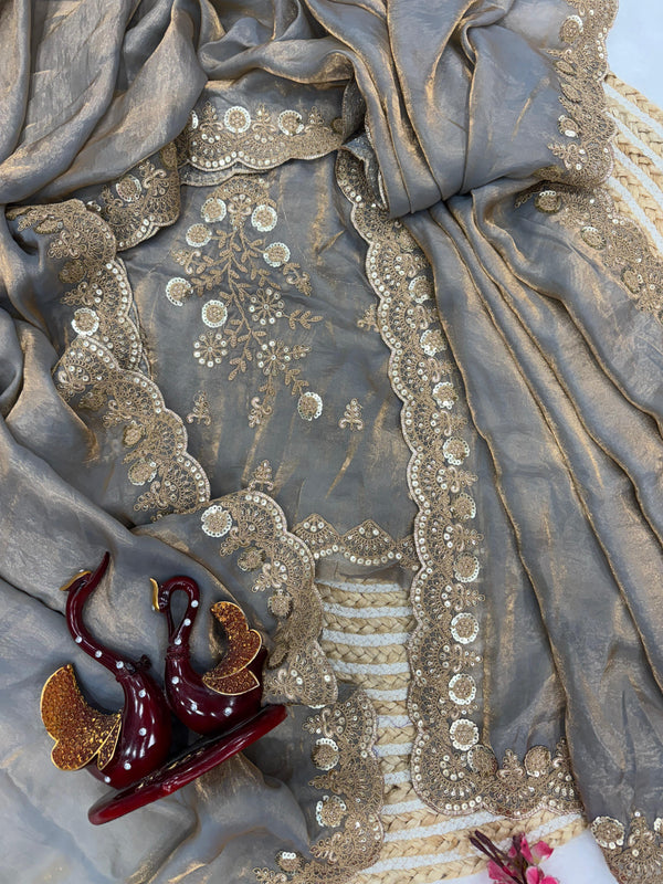 Grey Color Sequence Work Silk Saree