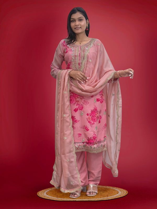 Flattering Sequence Heavy Stone Mirror Hand Work Pink Color Palazzo Suit