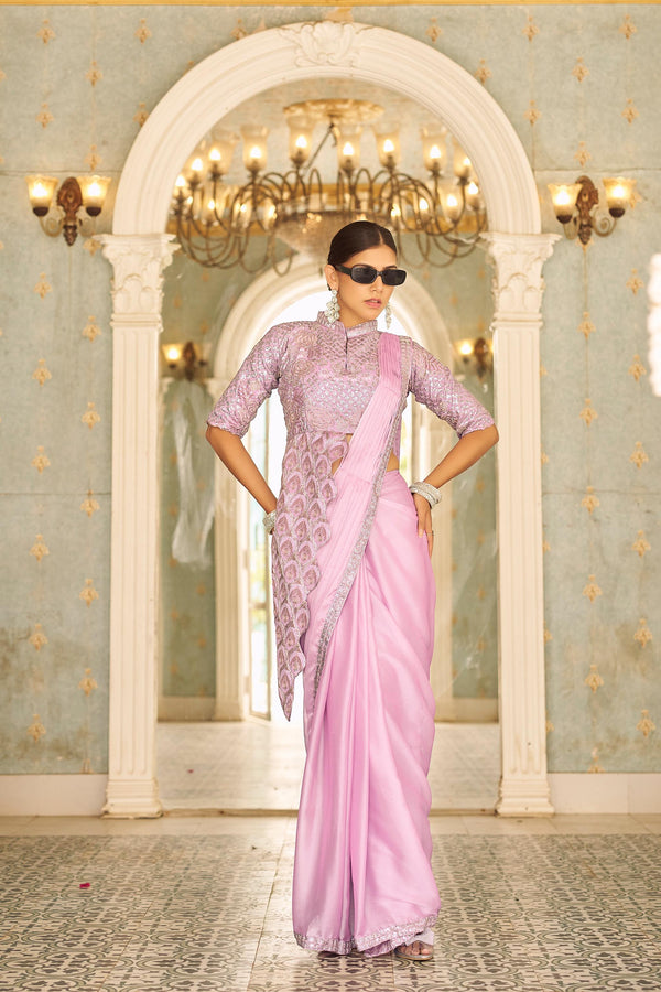 Classy Chinon Embroidery Work Lavender Color Ready To Wear Saree