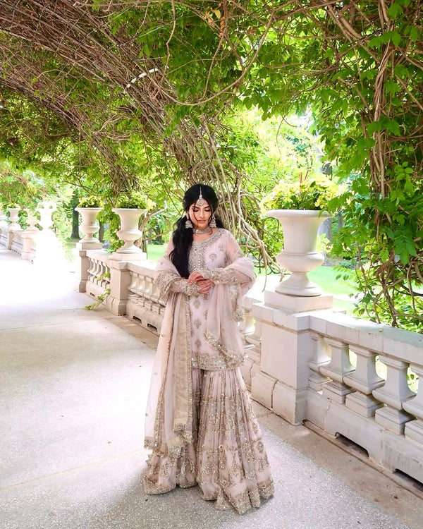 Glossy Georgette 5 MM Sequence Work Peach Color Sharara Suit