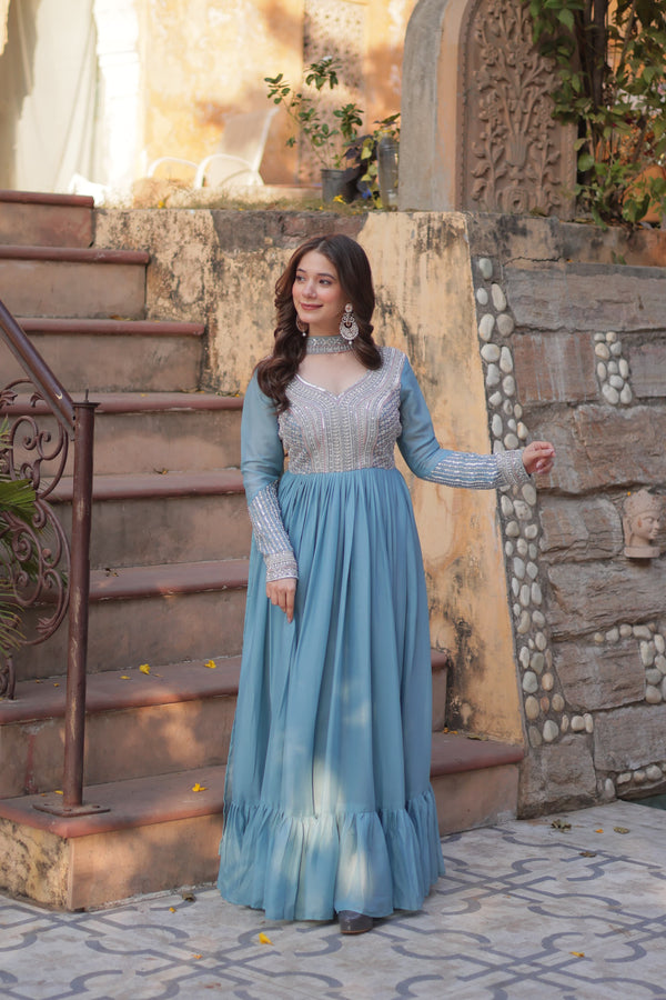 Attractive Beads Sequins Work Sky Blue Color Gown