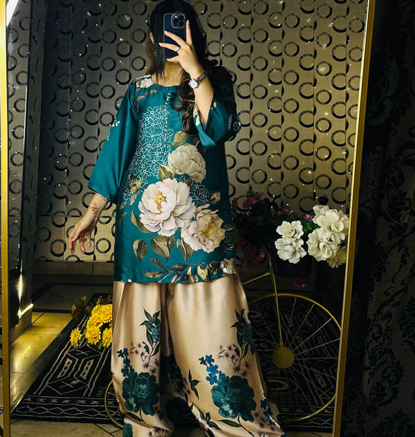 Teal Green Color Flower Print Beautiful Palazzo Suit