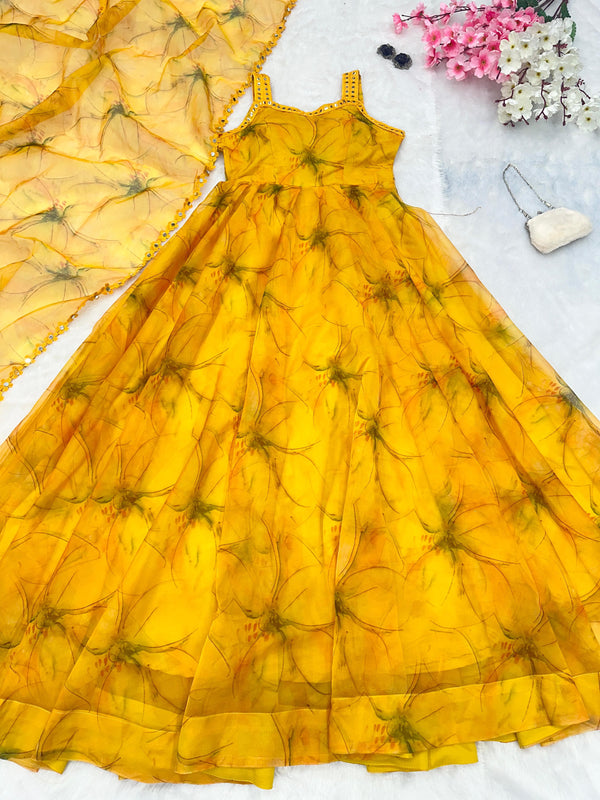 Preferable Digital Printed Yellow Color Anarkali Suit