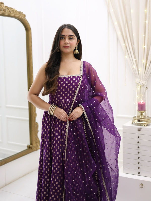 Captivating Jacquard Silk Purple Color Gown With Dupatta