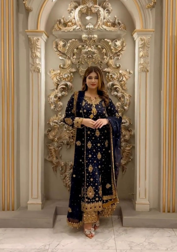 Good Looking Embroidery Work Navy Blue Color Palazzo Suit