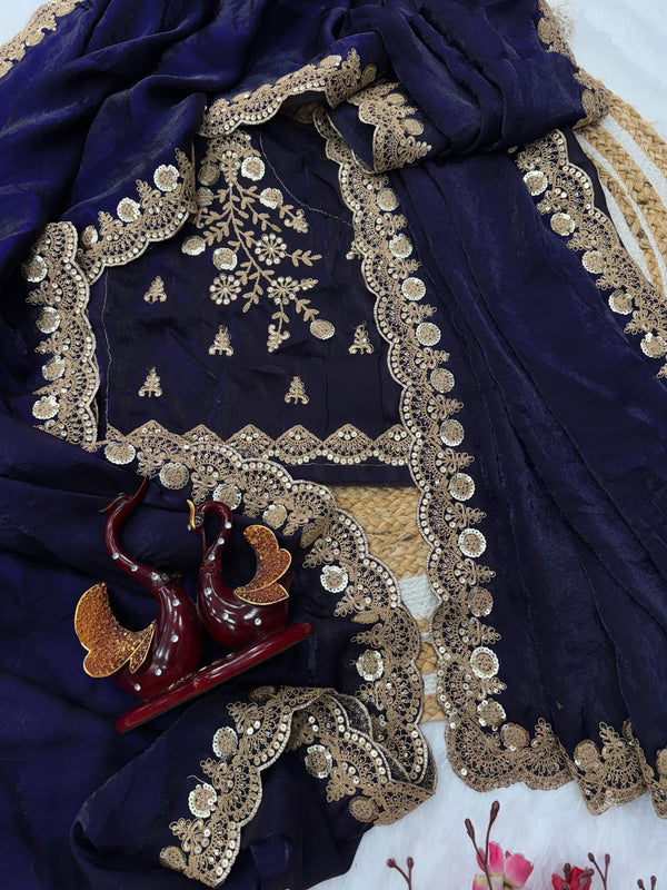 Purple Color Sequence Work Silk Saree