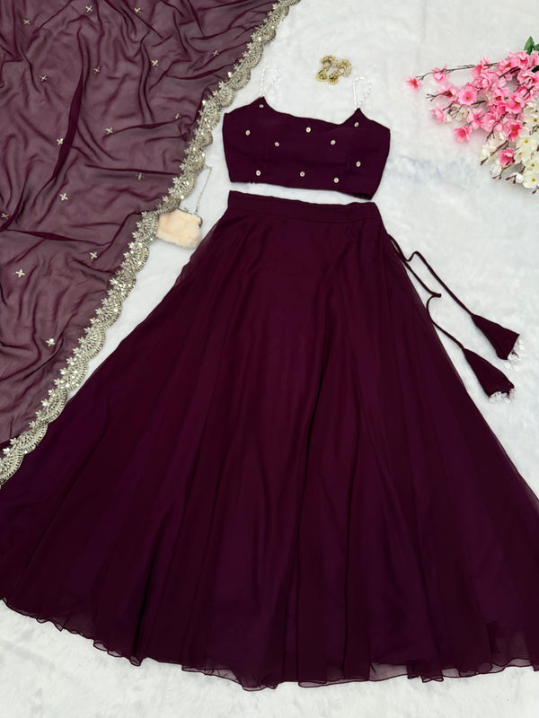 Designer Pearl Work Wine Color Lehenga Set