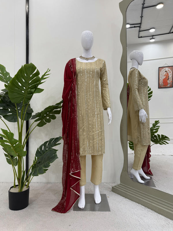 Beige Color Georgette Sequence Work Salwar Suit