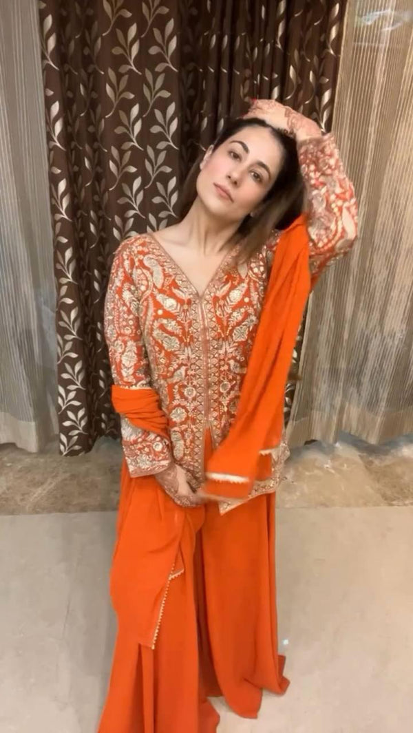 Designer Chinon Embroidery Work Orange Color Sharara Suit