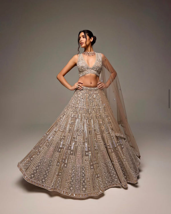 Party Wear Thread Work Gold Color Lehenga Choli