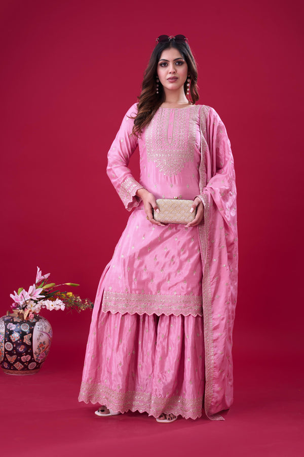 Heavy Embroidery Work Light Pink Color Sharara Suit