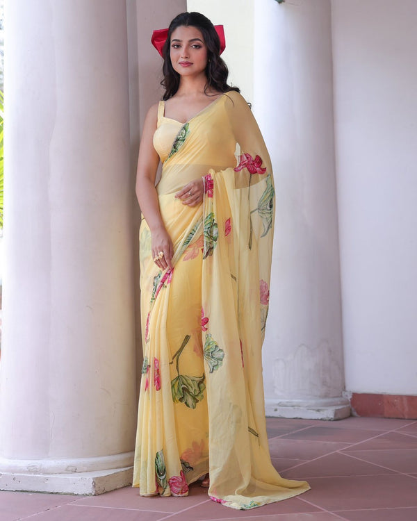Stylish Yellow Tabby Silk With Floral Printed Saree