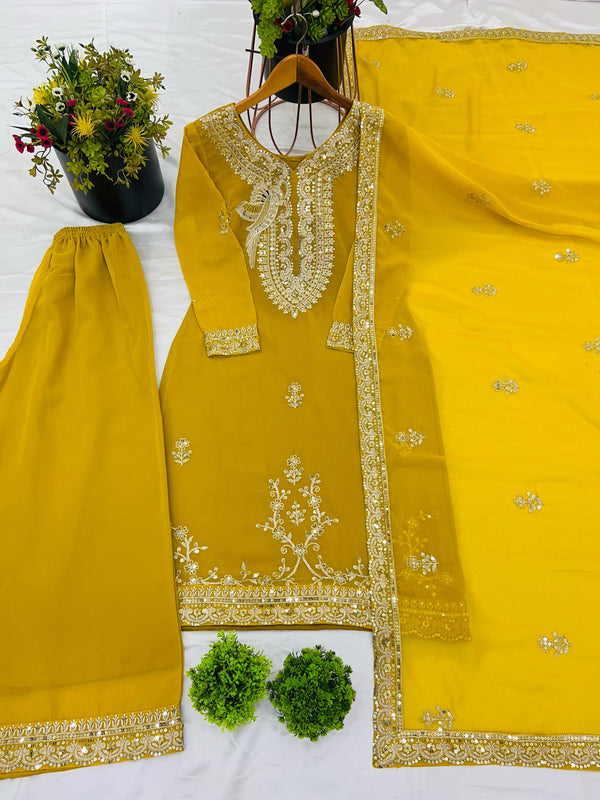 Outstanding Yellow Color Sequence Work Palazzo Suit