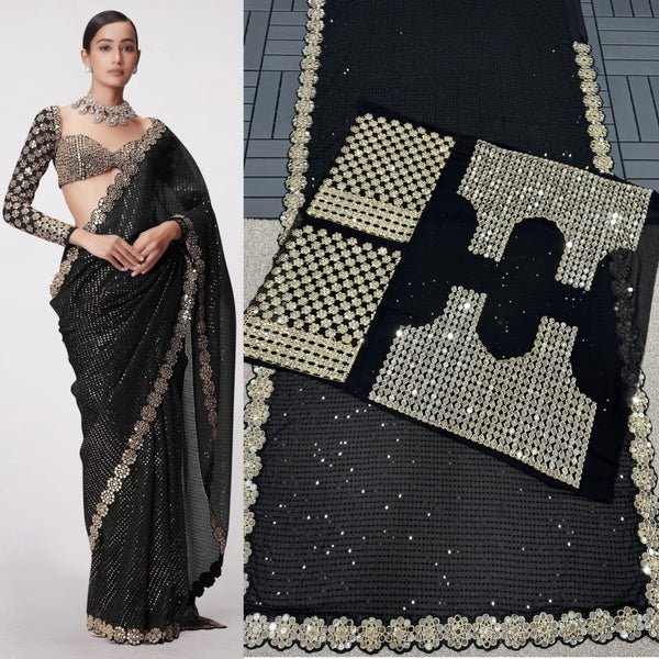 Stylish Georgette Original Mirror Black Color Saree
