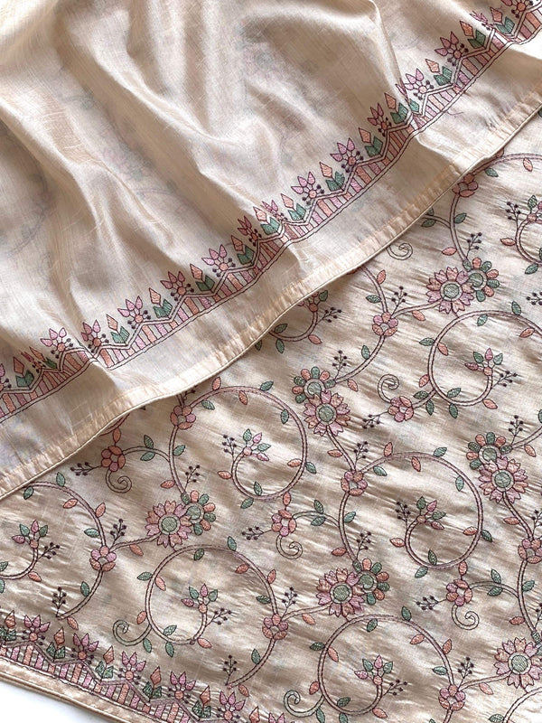 Glorious Beige Tussar Embroidery Saree