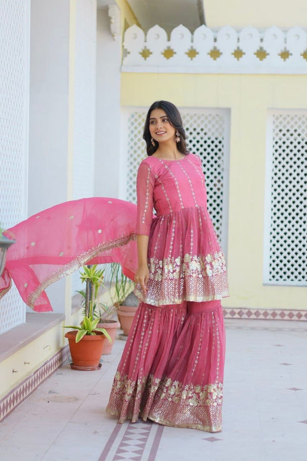 Opulent 3mm Sequence Work Pink Color Sharara Suit