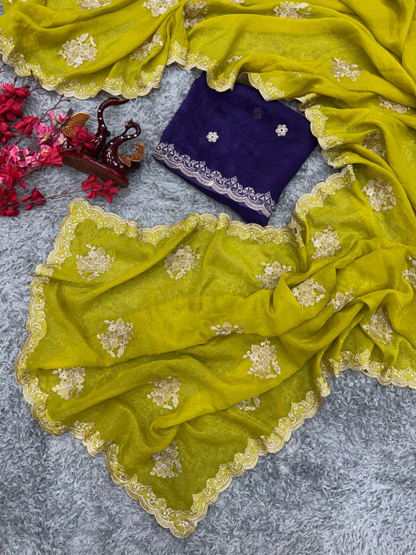 Precious Soft Crunchy Lemon Green Color Saree