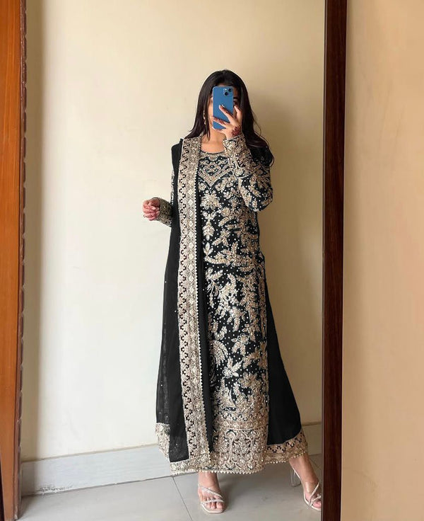 Captivating Heavy Embroidery Work Black Color Palazzo With Dupatta Set