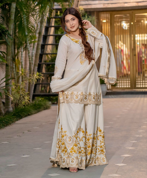 Festive Wear Embroidery Work White Color Sharara Suit