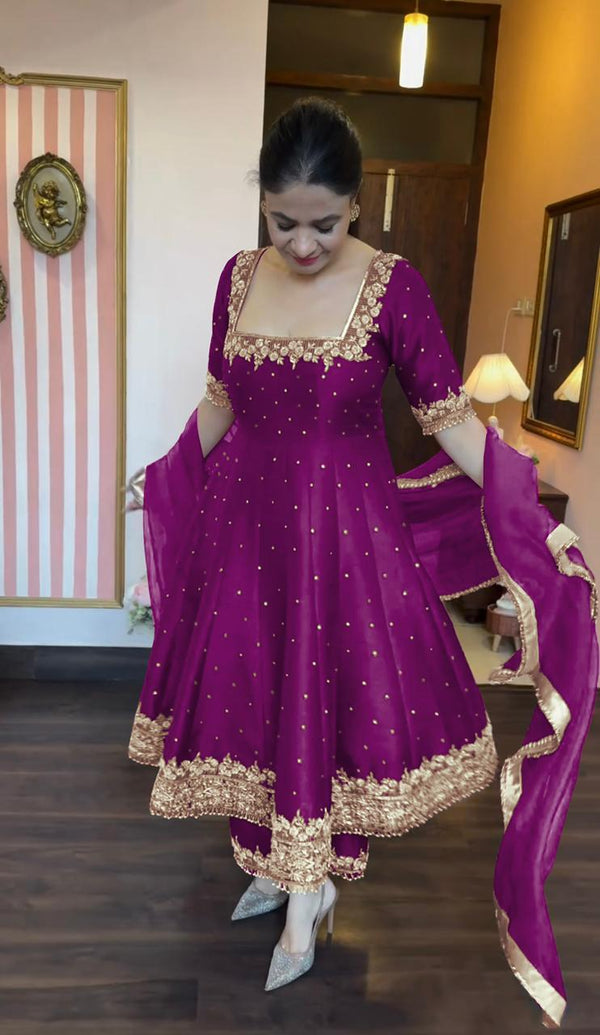 Glimmering Vichitra Silk Purple Color Anarkali Suit