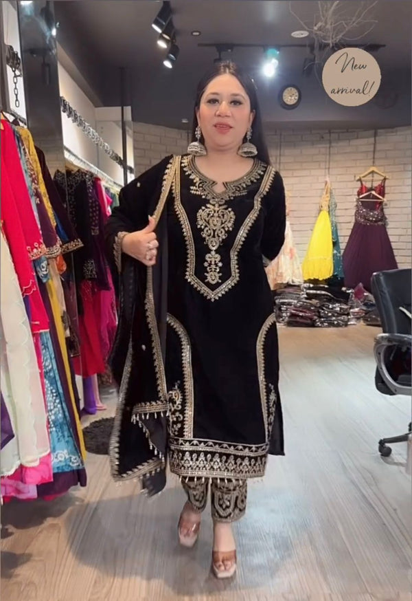 Delightful Sequence And Coding Dori Work Black Color Sharara Suit