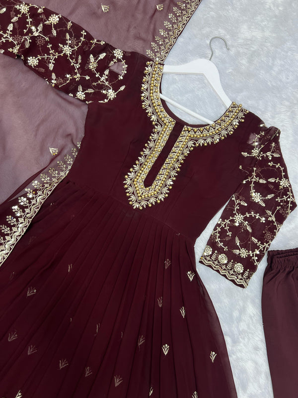 Peaceful Georgette Moti Work Wine Color Gown