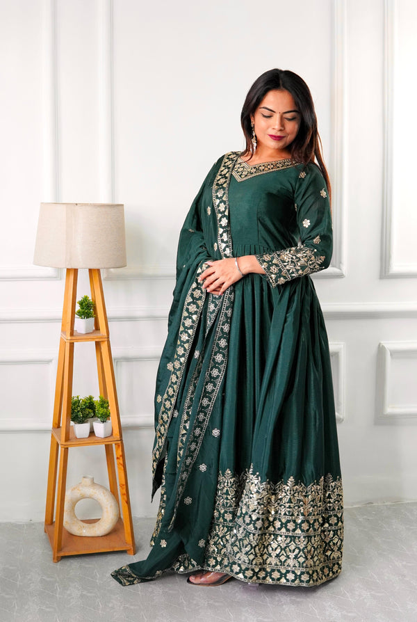 Imposing Chinon Silk Sequence Work Green Color Gown