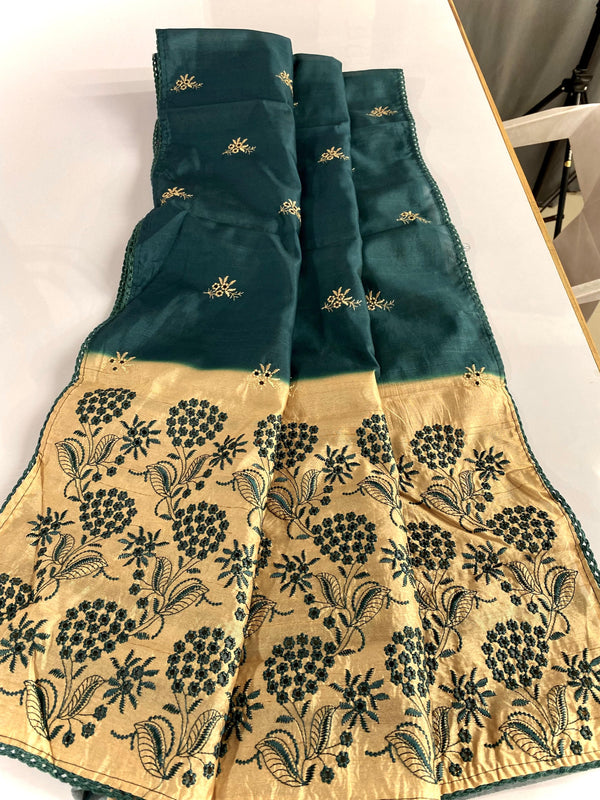 Preferable Embroidery With Cut Work Designer Green Color Sarees