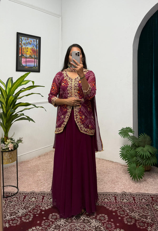Party Wear Embroidery Work Purple Color Gown Koti With Dupatta