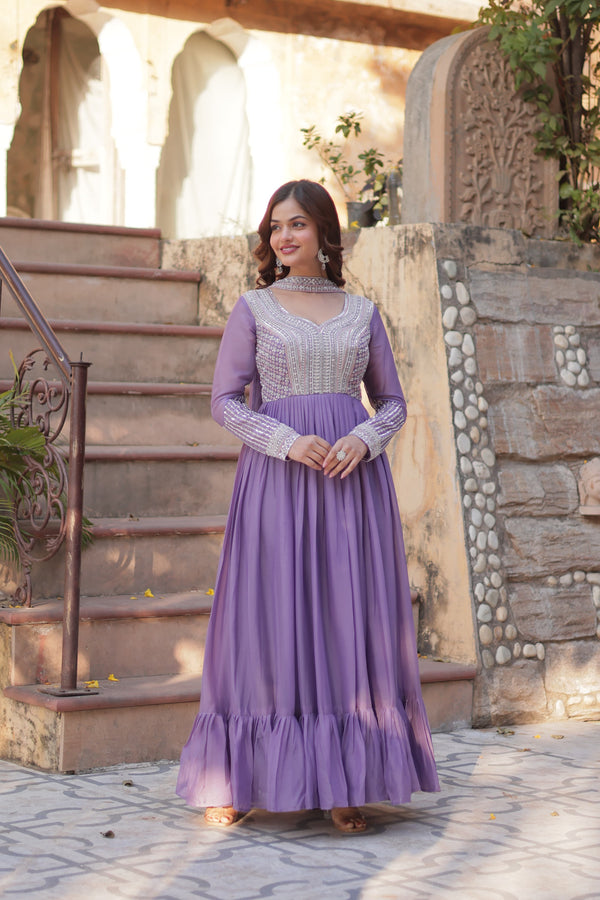 Attractive Beads Sequins Work Lavender Color Gown