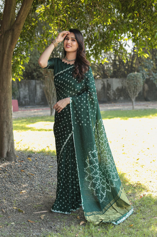 Superhit Green Color Original Bandhej Silk Saree