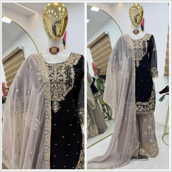 Glimmering Georgette Black Color Sharara Suit