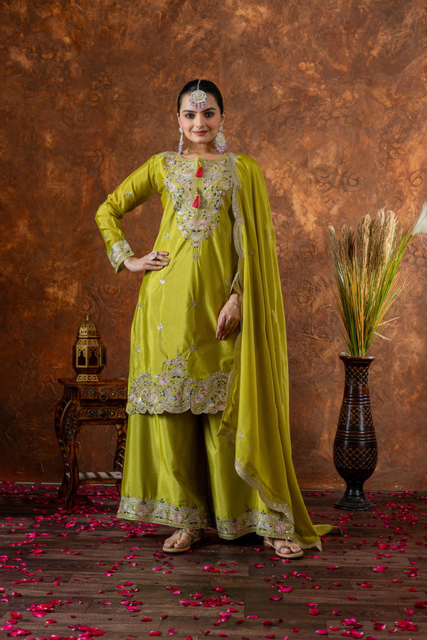 Outstanding Chinon Silk Perrot Green Color Color Palazzo Suit