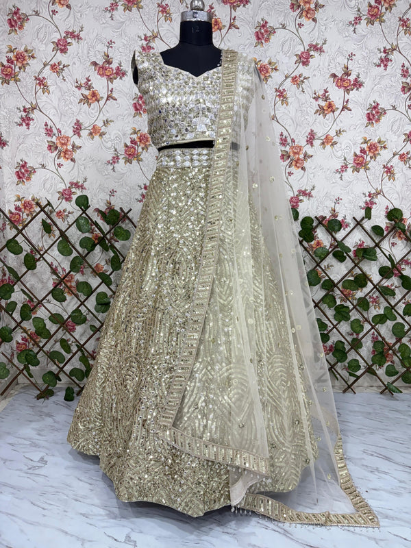 Heavy Sequence Work Beige Color Marriage Special Lehenga Choli