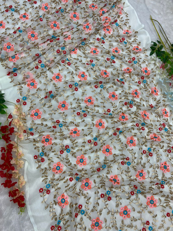 Multi Thread Work White Color Saree