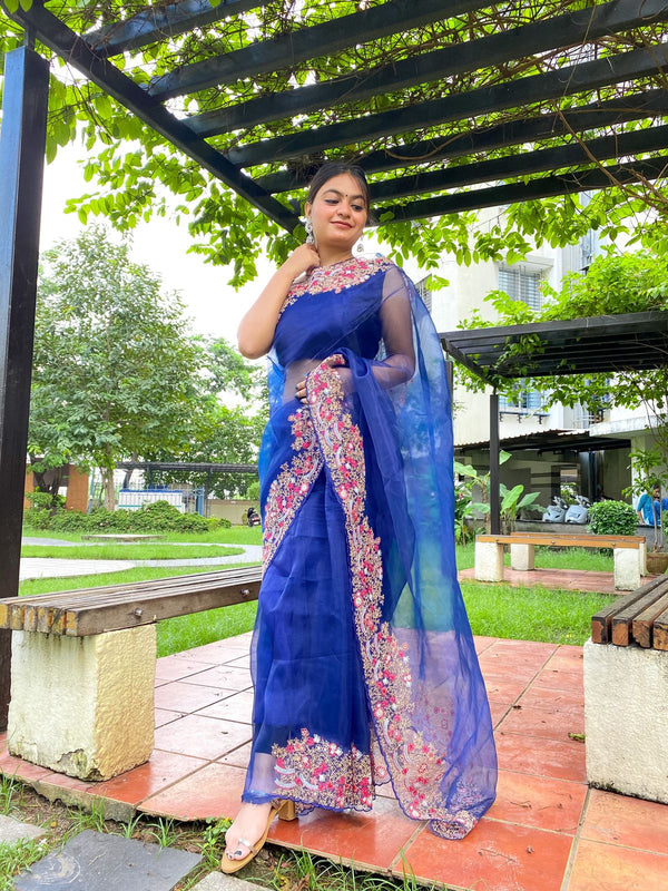 Lovely Organza Silk Navy Blue Color Saree