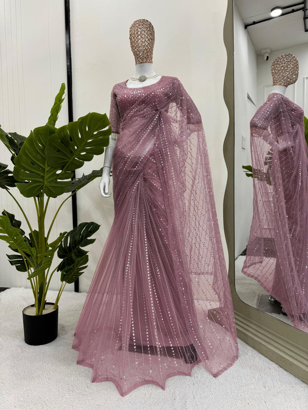 Thread With Sequence Work Pink Color Net Saree