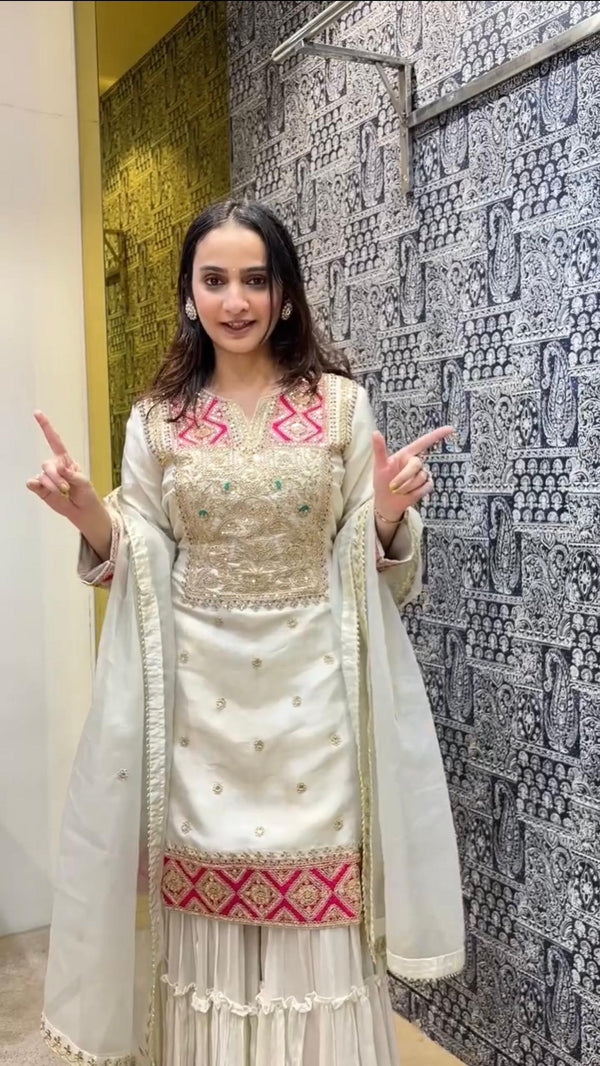 Opulent Vichitra 5mm Sequence Work White Color Sharara Suit