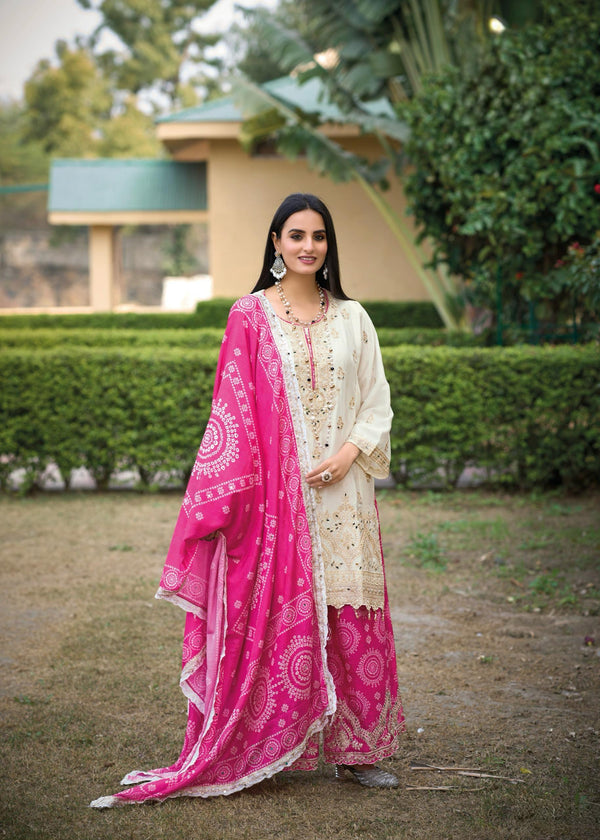 Demanding Heavy Work White Color Sharara Suit With Pink Dupatta