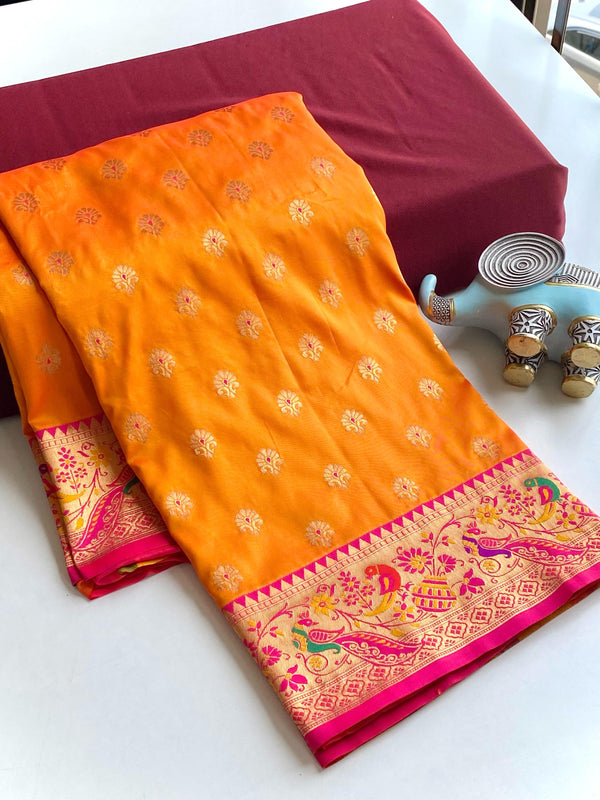 Occasion Wear Meenakari Butti Orange Color Paithani Silk Saree
