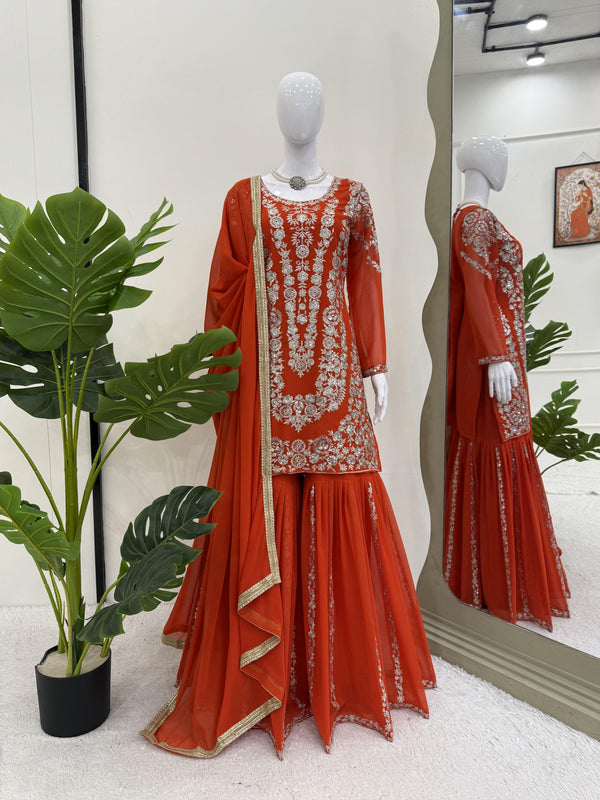 Thread With Sequence Work Orange Color Sharara Suit