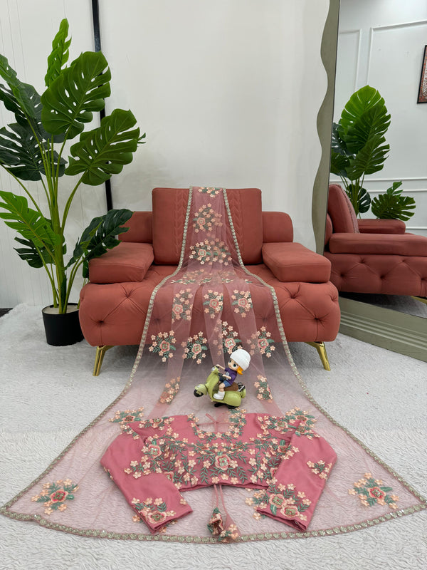 Superhit Sequence Work Soft Net Peach Color Saree