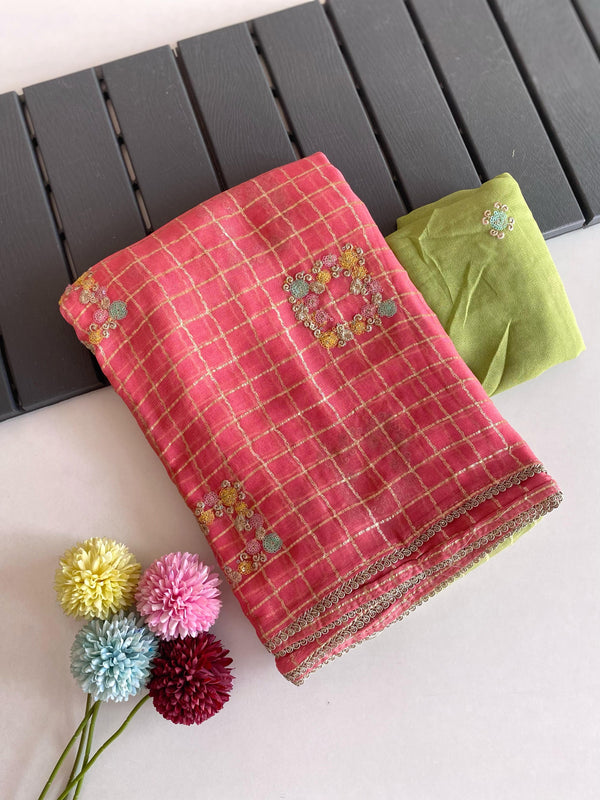 Glimmering Viscose Chiffon Pink & Perrot Color Saree