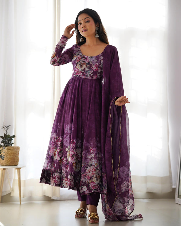 Casual Wear Multi Flower Print Wine Color Anarkali Suit
