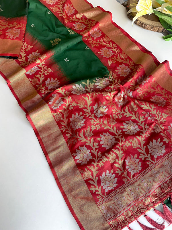 Fantastic Tone Silk Green & Red Color saree