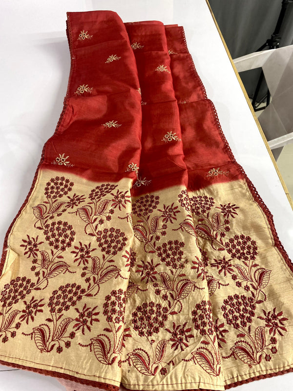 Preferable Embroidery With Cut Work Designer Red Color Sarees
