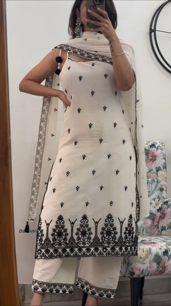 Trendy White Cotton Silk Embroidery Palazzo Suit