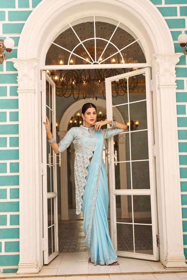 Classy Chinon Embroidery Work Sky Blue Color Ready To Wear Saree