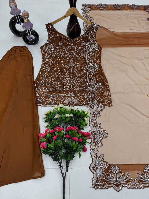 Brown Color Full Stitched Embroidered Precious Sharara Suit