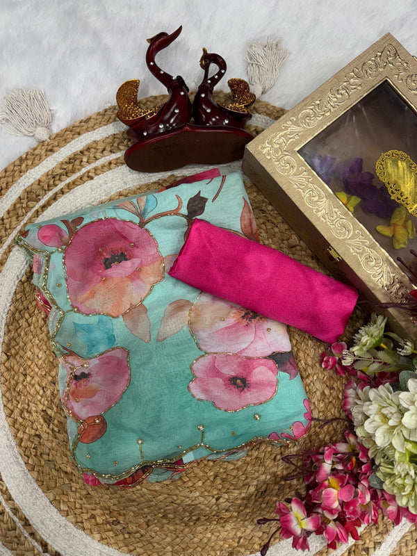 Sky Blue Flower Printed Color Silk Saree